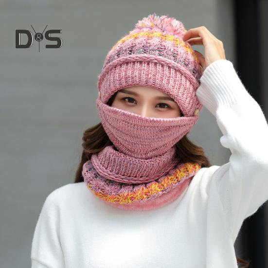 3Pcs/Set Knitting Hat Scarf Set Thickened Plush Lining Furry Ball Decor Beanie Hat Neck Warmer Detachable Face Guard Set