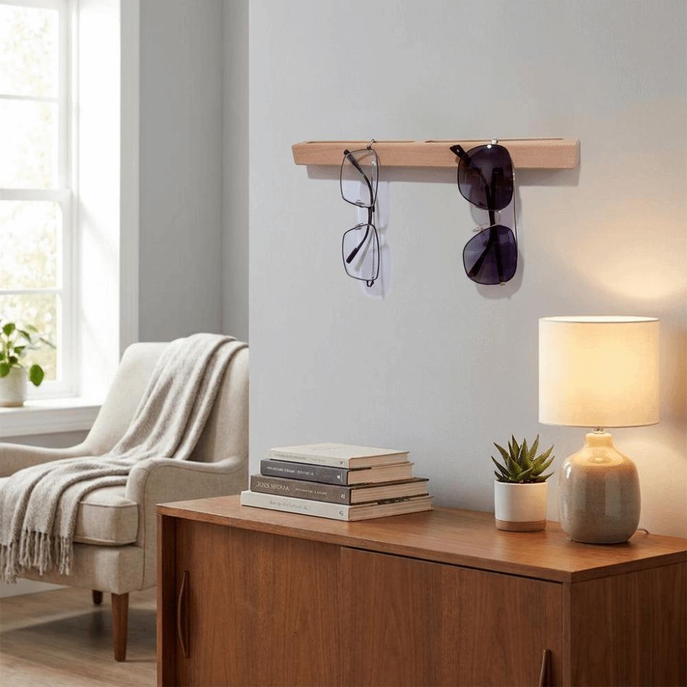 Wall Mounted Sunglasses Storage Rack No Drill Wooden Eyeglass Holder Rectangle Space-Saving Eyeglasses Display Stand Entryway