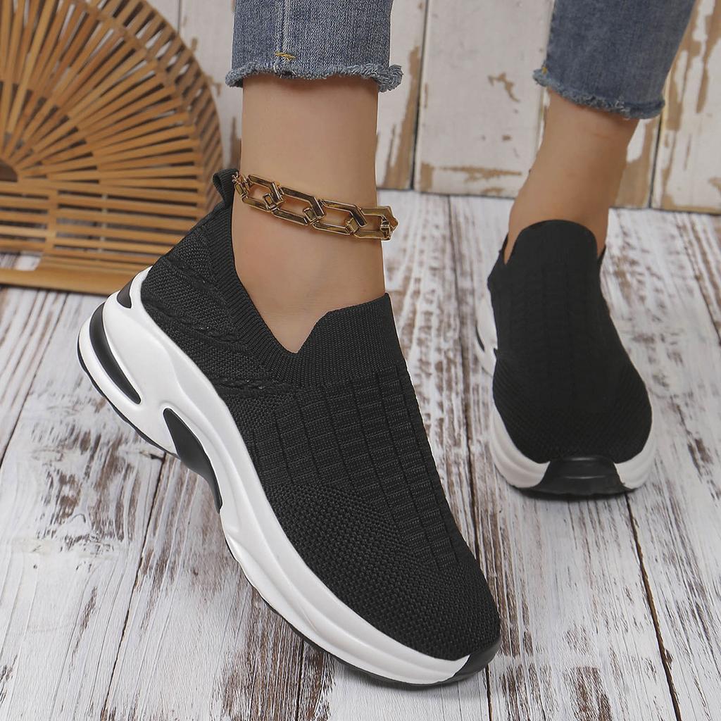 Europe and The United States Big Yards Shoes Casual Flyknit Set Foot Spring and Autumn Single Shoes Female New Thick Bottom Slope with Women's Shoes