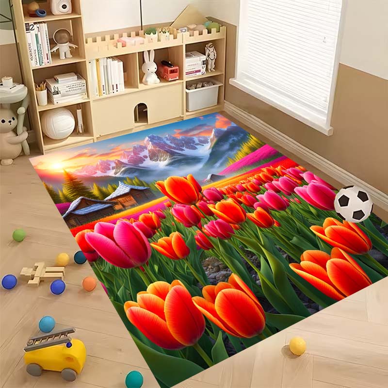 Luxurious Vintage Tulip Floral Pattern Floor Mat, Non-slip, Machine Washable, Suitable for Living Rooms, Bedrooms, and Home Déco