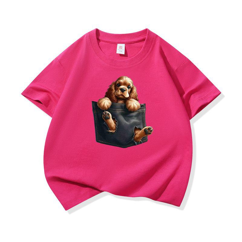 Kids Cotton T Shirt Charming Pocket Cocker Spaniel Dog Print Crew Neck Short Sleeve Tee Casual Breathable Boys Girls Summer Tops