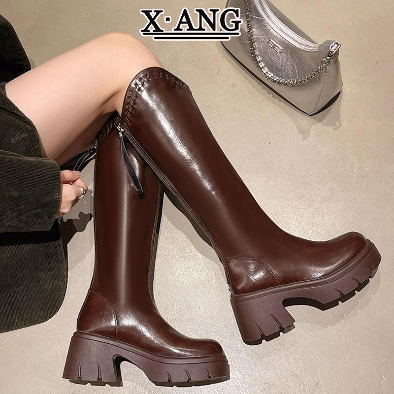 Leather Brown Mouth Skinny Boots Women's Small Thick-soled Heel Boots But Knee High Boots Knight Boots