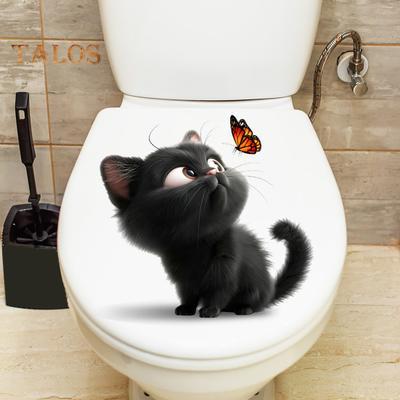 Toilettenaufkleber mit schwarzer Katze und Schmetterling, wasserdicht, abnehmbar, selbstklebend, PVC, Wandkunst, Cartoon-Kätzchen, Toilettensitzdeckel-Dekoration für Wohnzimmer und Badezimmer