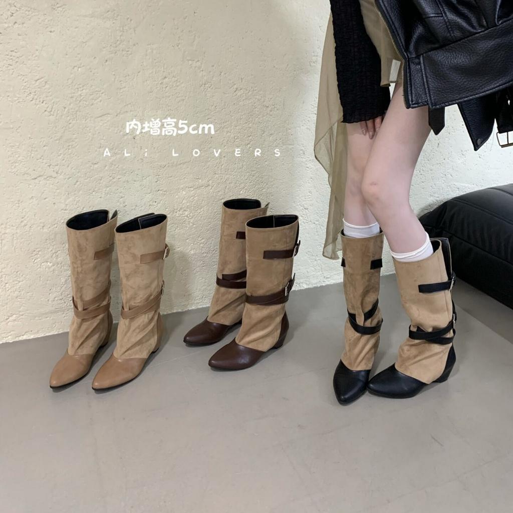 European and American Suede Thick Heel Pointed Belt Buckle Knight Boots Women's Winter Tall Stacking Boots Niche Versatile Fashion Boots
