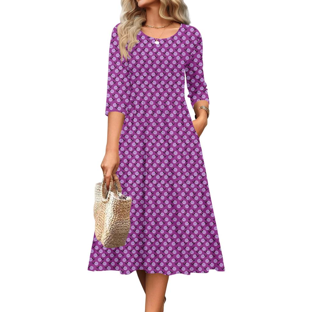 3/4 Sleeve Women's Dress Casual Flowy A-Line Midi Tshirt Dresses With Pockets Crewneck Vocation Boho Beach Sundress