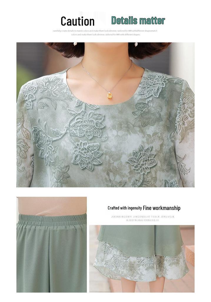 Chiffon Short-Sleeve Suit Set: Two-Piece Skirt and Pants for Stylish Middle-Aged Women.