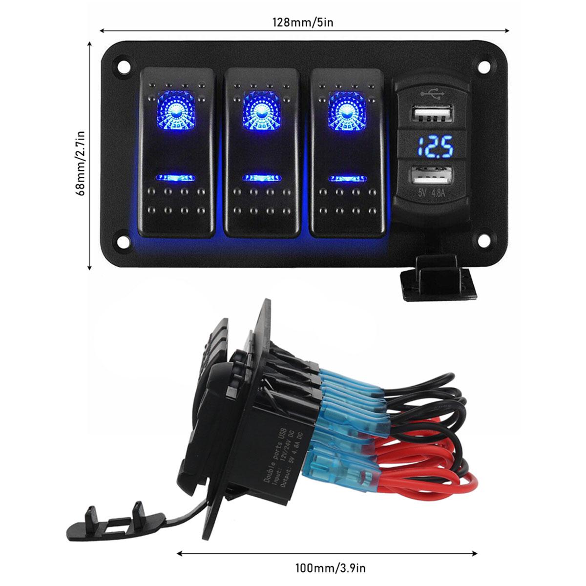 

3 Gang Toggle Switch Panel 12V 24V Waterproof Rocker Switch Panel with Double USB Charger Port LED Lighted Protected Control Car