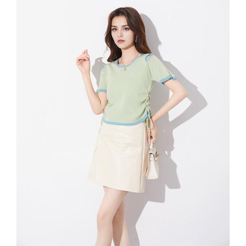 Women's Korean Style Color-block Knitted Off-Shoulder T-Shirt