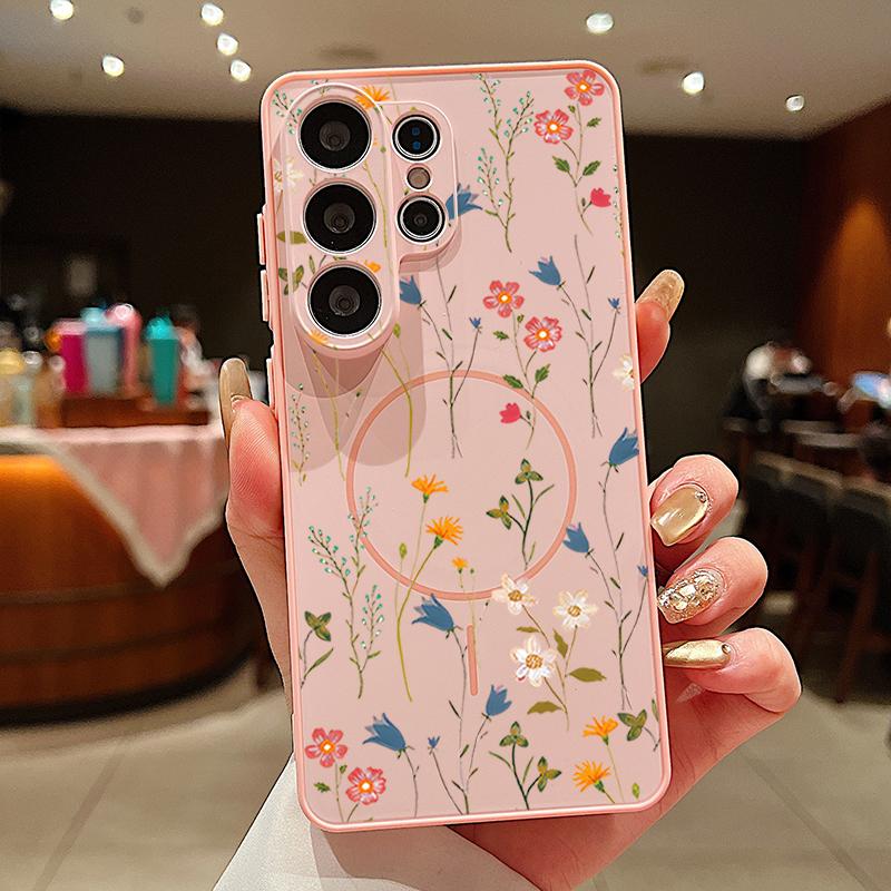 

Магнитный Чехол Для Magsafe Для Samsung Galaxy S26 Ultra S25 Edge S24 Plus S23 FE S22 A54 A55 A56 5G Матовый Чехол С Рисунком Цветочный Сад Samsung S23 розовый