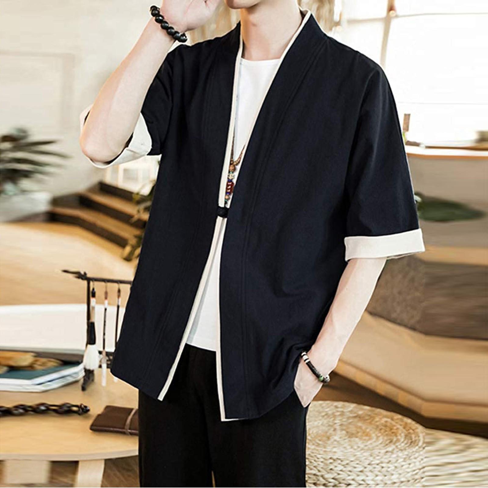 

Men s Linen Japanese Kimono One Button Cardigan Jacket Ancient L чорний