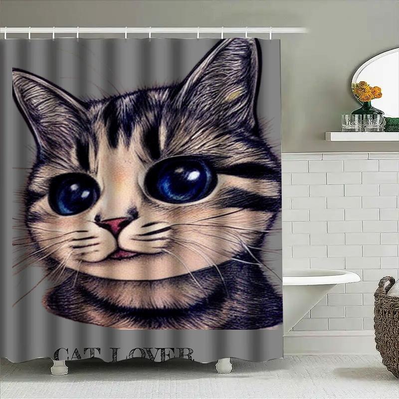Whimsical Cat Shower Curtain Large Size Blue Eyes Kitten Print Bath Liner Perfect Gift For Cat Lovers
