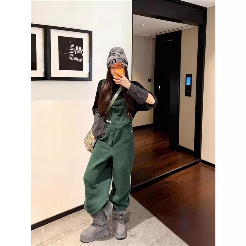 

Korean-Style Green High-Waisted Women s Overalls: Slimming Casual Workwear Jumpsuit, Straight-Leg Pants for Spring/Autumn L
