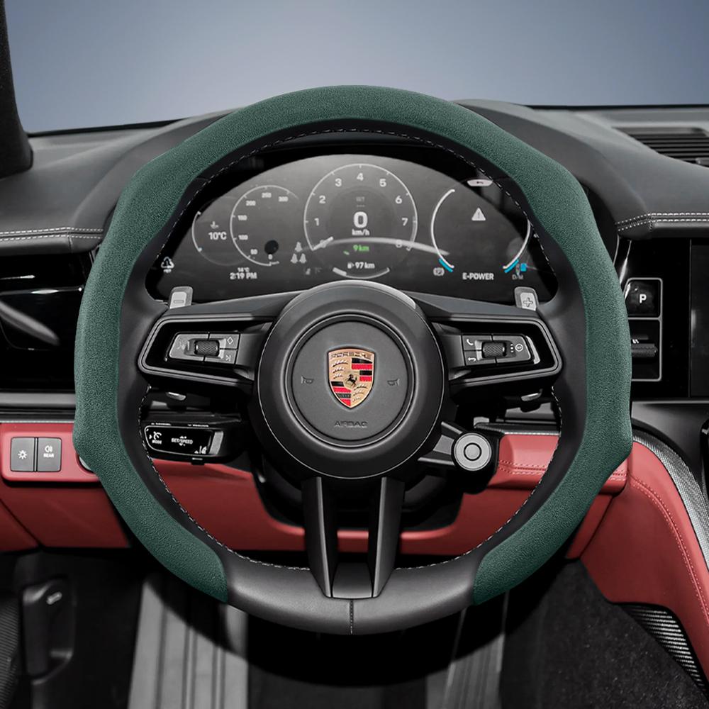 Suitable for Porsche Premium Suede Snap-On Steering Wheel Cover, Non-Slip and Durable Cayenne 996 Macan 957 Volante Boxster 986 718 Alcantara Turbo
