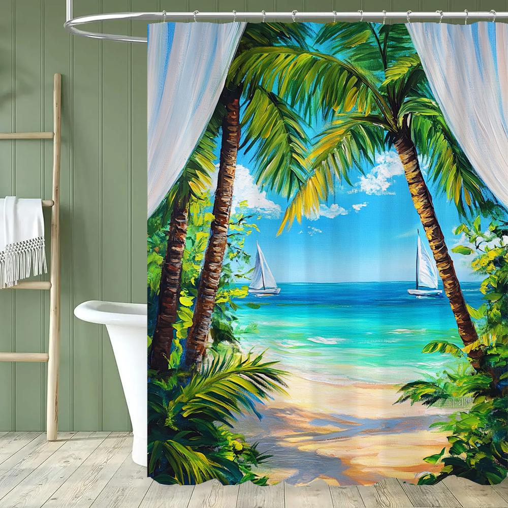 

Sunshine Seaside Scenery Beach Shower Curtain, Bathroom Decorative Shower Curtain, Printed Polyester Home Curtain With Hooks W60H190(CM)-1 Pcs