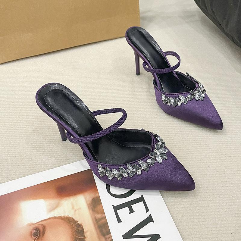 Summer new pointed rhinestone high heel fine heel champagne one word with sandals half drag cool slippers outer wear women