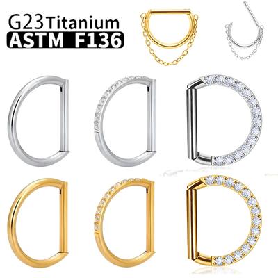 Piercing para la nariz, anillo de titanio G23 con segmento en forma de D, joyería de clic, pendiente de nariz con circonita cúbica, labio, medio anillo para cartílago.