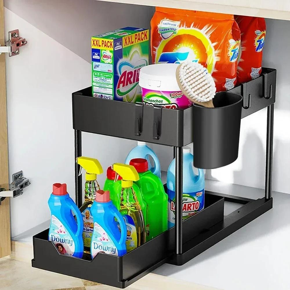 

2Tier Multi-function Kitchen Sink Organizer,Sliding Cabinet Basket with Hooks Hanging Cup-New Bathroom Kitchen Space-Saving Rack чёрный