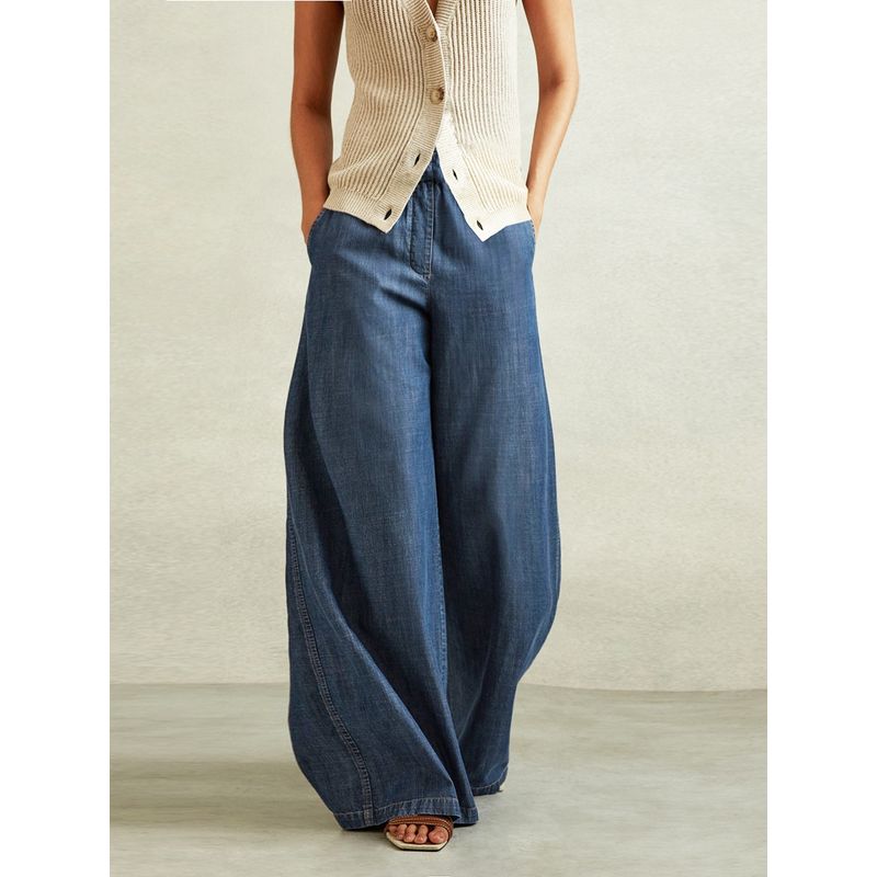 

2 Pieces 9fold Artsy American Retro Large High Waist Summer Women s Pants Large Wide Leg Wide Leg Denim Ultra-Thin Denim Tencel Wide Legs (dark blue) S