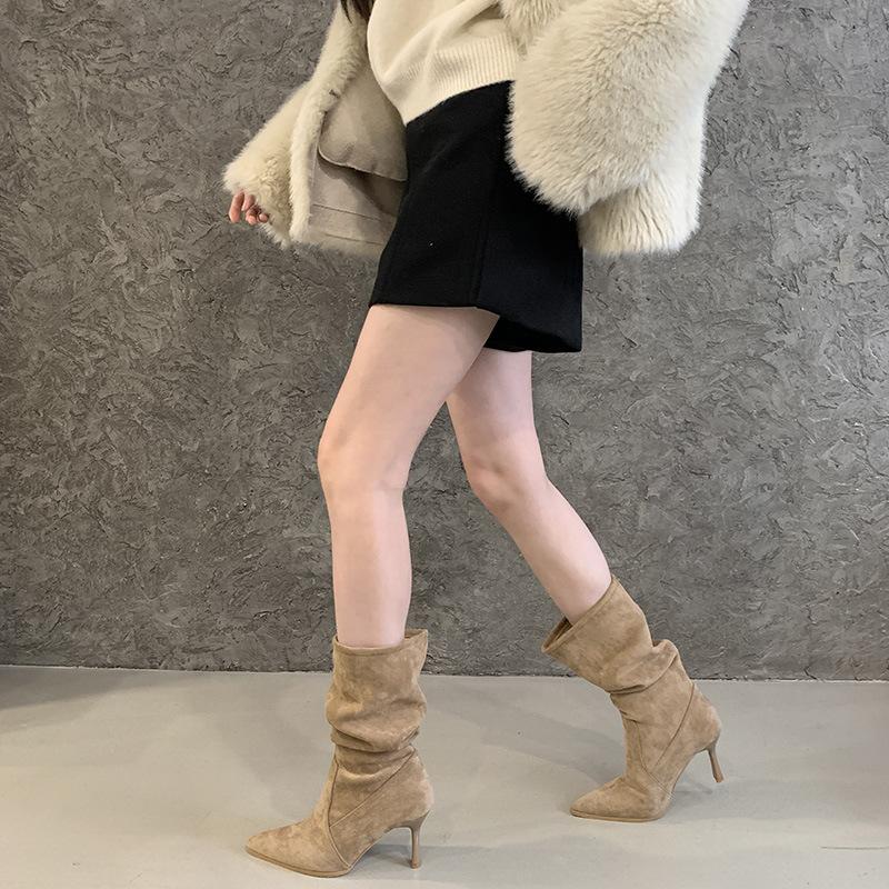 Upgraded version~ khaki boots women's stiletto 2025 new pointed short boots high heels thin medium tube stacking boots