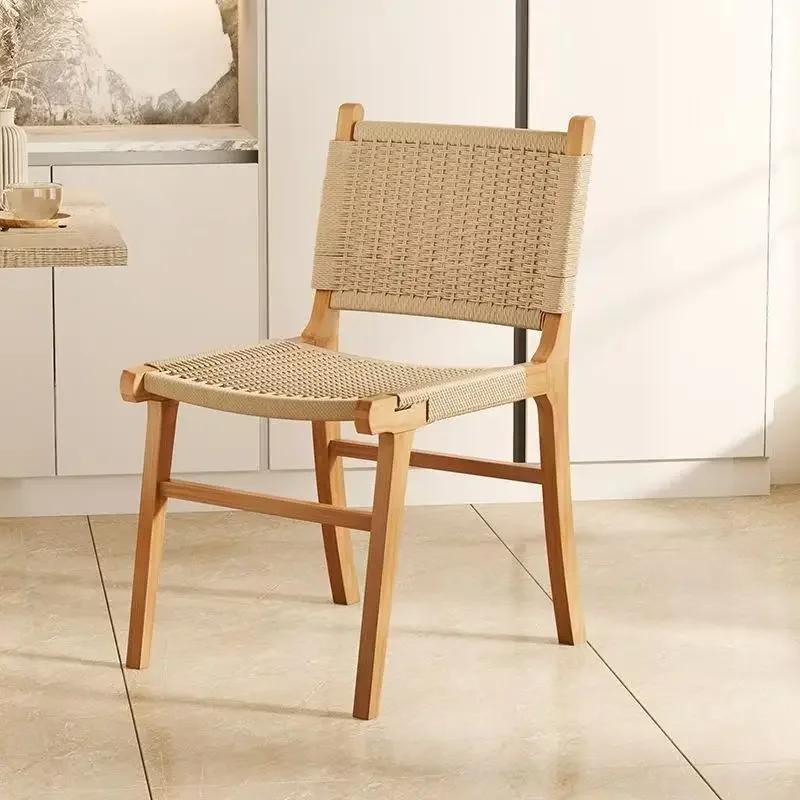 Nordic Wooden Rattan Lightweight Luxury Balcony Chair Rope-Woven Lazy Recliner Stylish Saddle Backrest Seat
