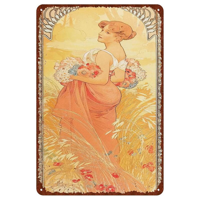 Vintage Metal Tin Signs Beauty-Art Nouveau Decorative Signs Four Seasons - Illustration Girl Retro Wall Decor Home Wall Signs