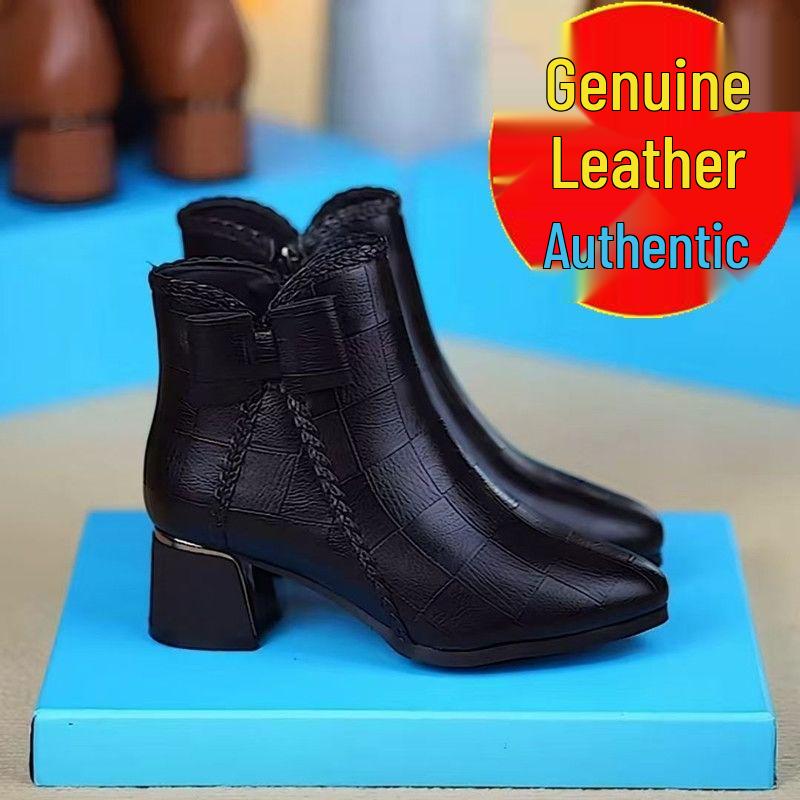 Damen Echtleder Stiefeletten mit spitzer Zehenpartie und Schleife - Herbst/Winter Stil, mit Samt gefüttert, Mid-Calf, Temperament Martin Boots.