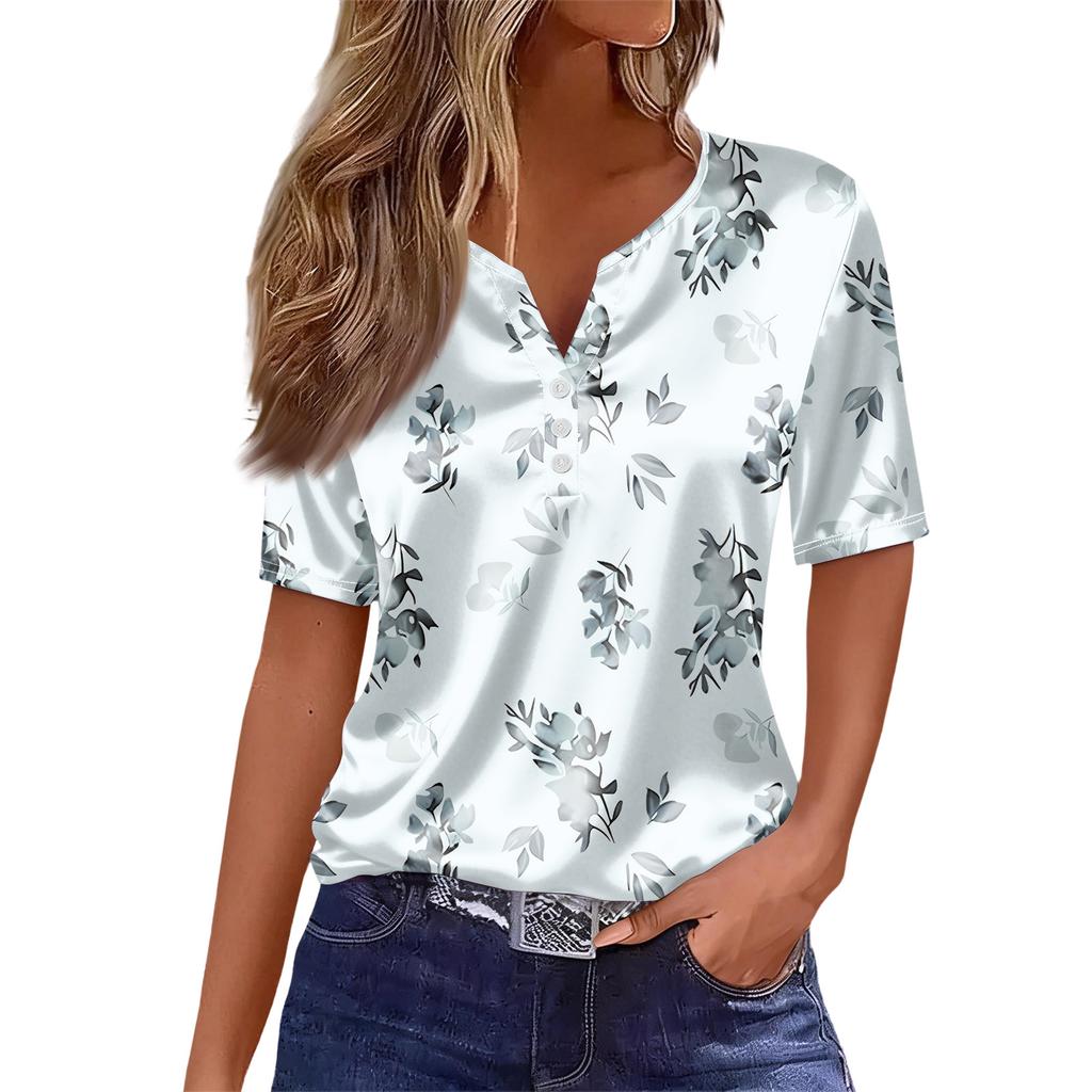 Camiseta Informal Retro con Estampado para Mujer, Cuello, Manga Corta, Botones