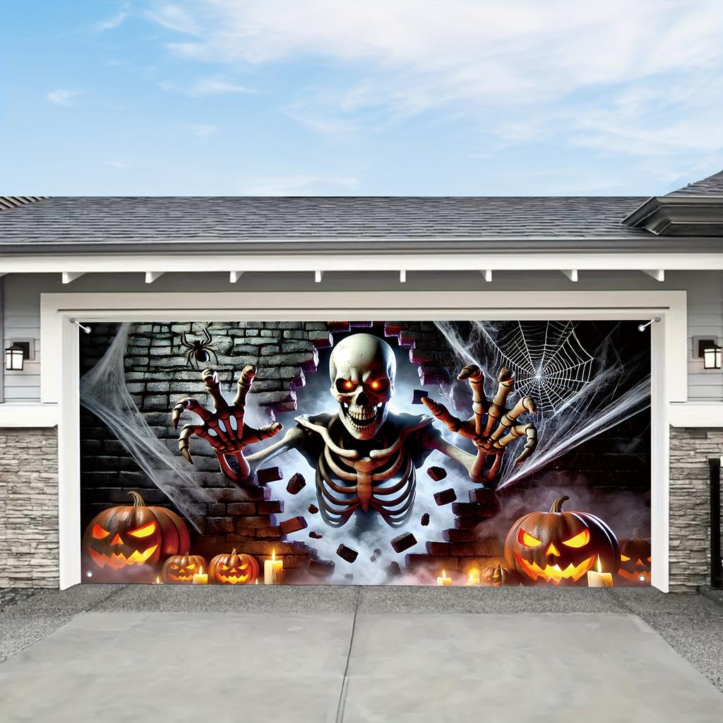 1 2D Banner, Halloween Garage Door, Pumpkin and Spider Web Design - Ideal Home, Yard and Festive Occasion Decoration
