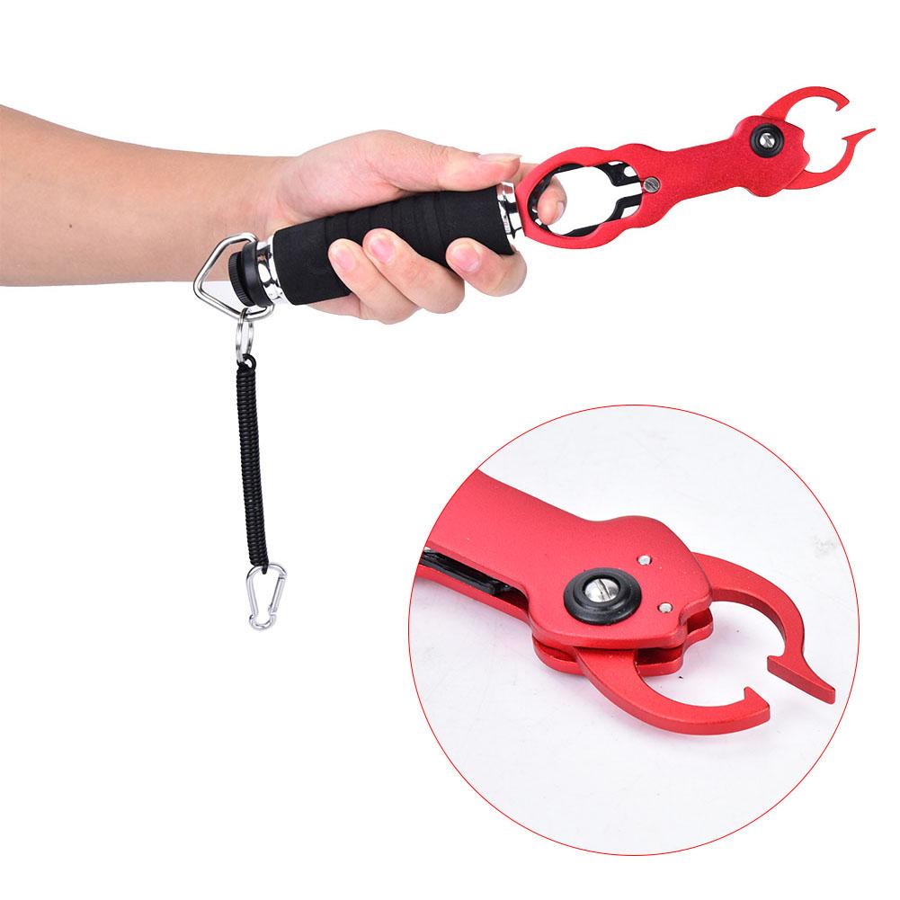 Portable Aluminium Alloy Fishing Grip Gripper Fish Lip Grabber Tool with Weigh Measure Red