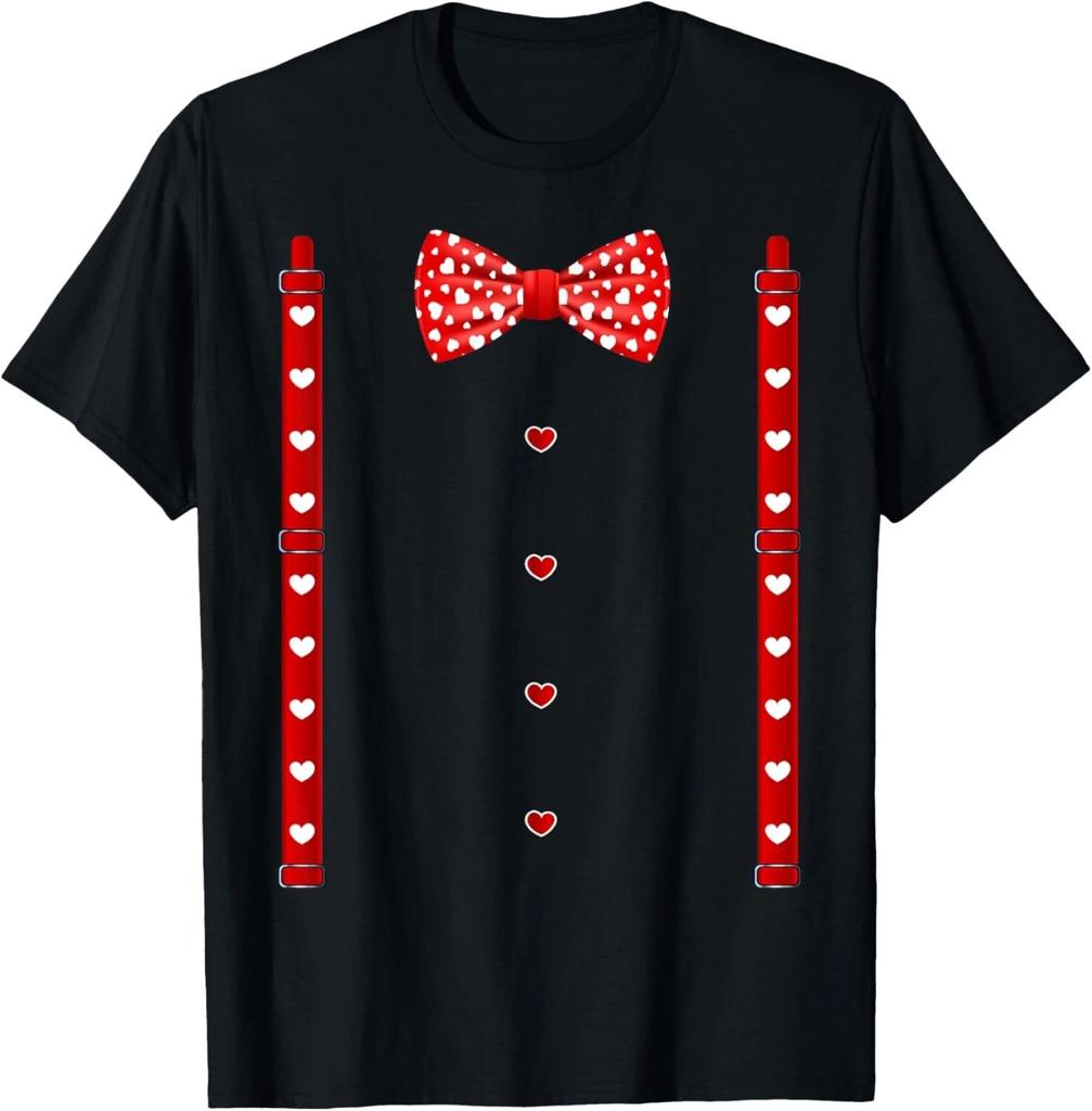 Red Hearts Bow Tie Suspenders Valentines Day Costume T- Shirt