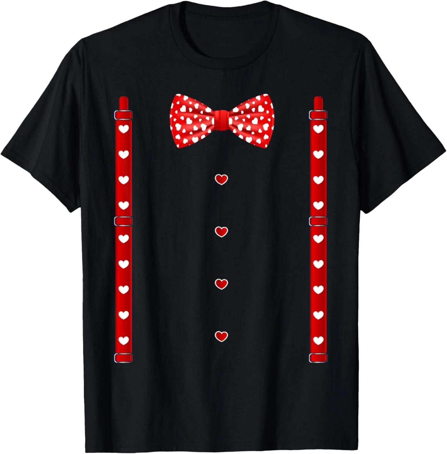 Red Hearts Bow Tie Suspenders Valentines Day Costume T- Shirt S