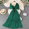 V-neck High Waist and Thin Hollow Bubble Sleeves Pleated Dress Seaside Vacation Pendulum Long Skirt Casual Style Short Sleeves