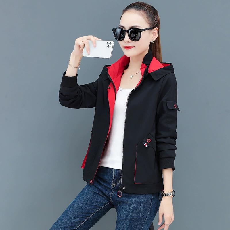 Detachable Hooded Contrasting Casual Jacket, Women's Spring and Autumn Workwear, Zipper Cardigan Top