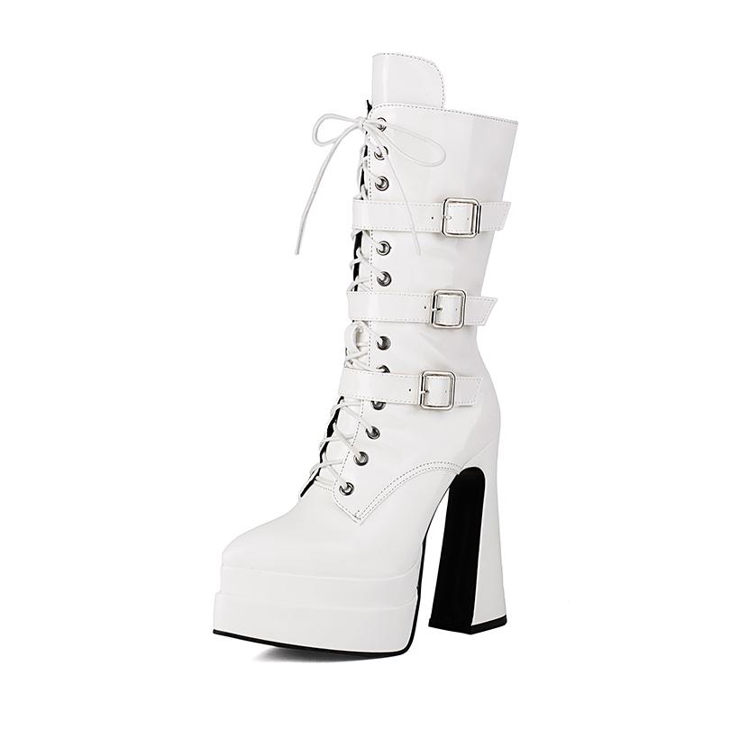 

Ultra High Shaped Hollowed Heel Pointed Double Layered Platform Punk Mid-Calf Boots Crossed Straps Three Rows Of Buckle Boots 39 білий