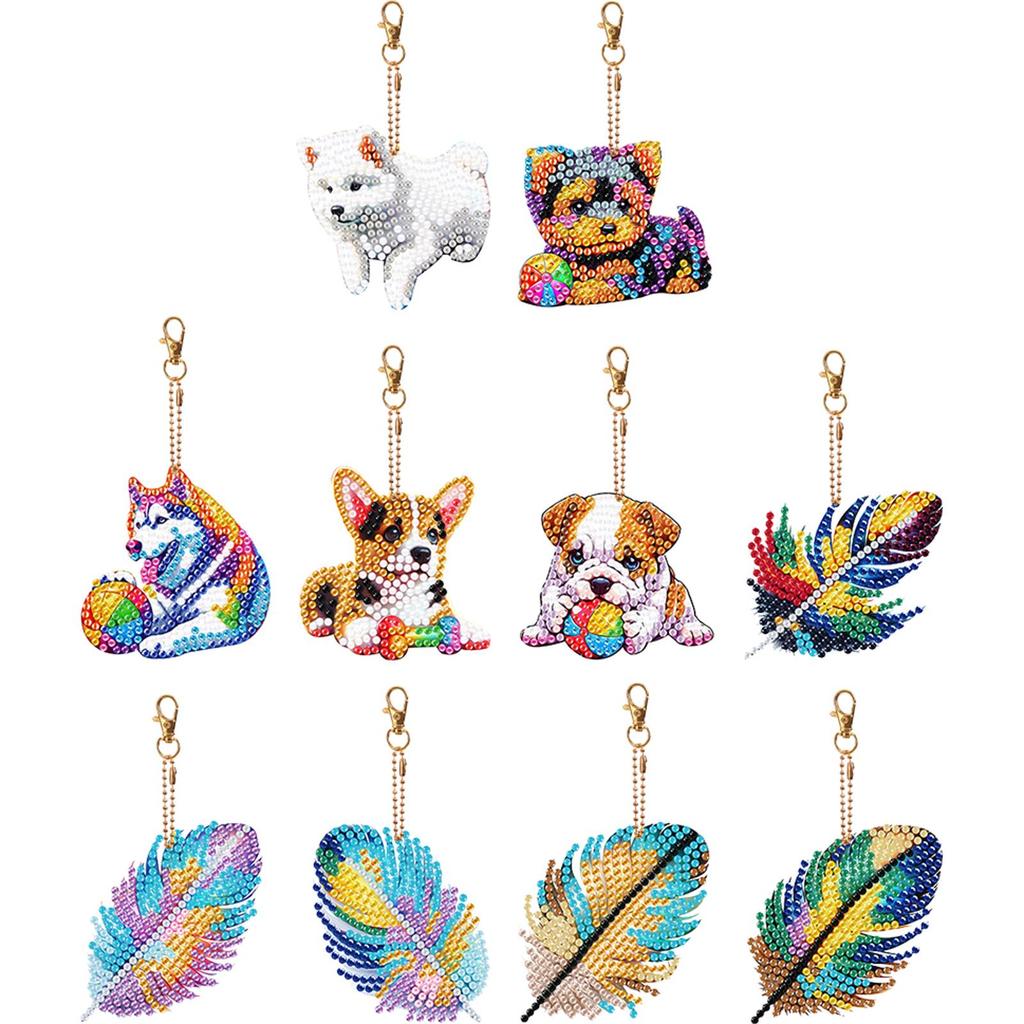 5Pcs Double Sided Dog Feather Rhinestone Painting Keychain Pendant Diamond Painting Art Keychain Pendant DIY Crafts Decor