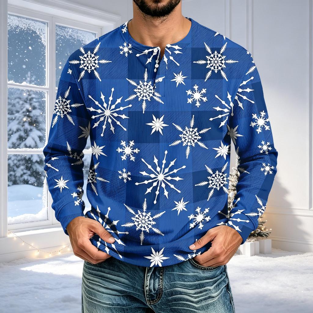 Herren Casual Rundhals Langarm T-Shirt mit Rippstruktur Weihnachtsdruck