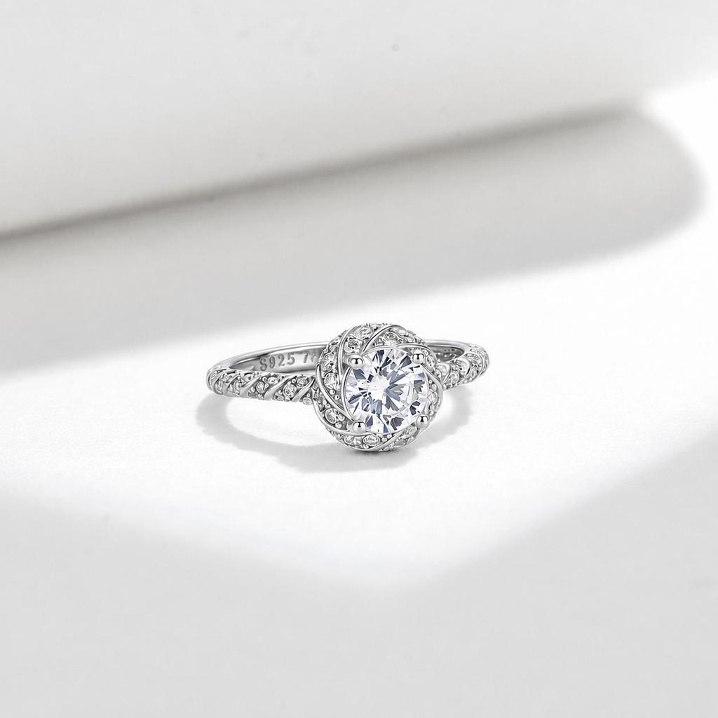 S925 Sterling Silver Twisted Moissanite Ring with Four-Prong Setting for Women
