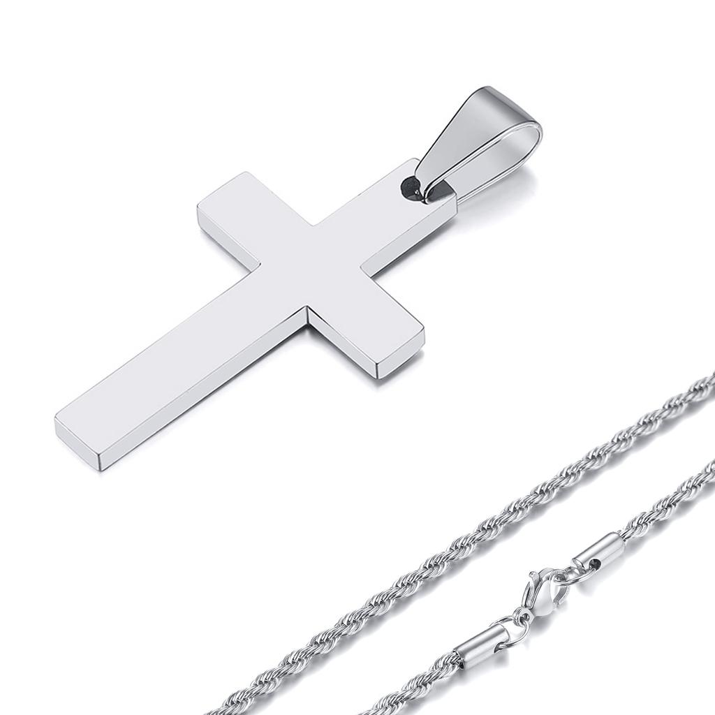 Waterproof Cross Necklaces for Men Male Gifts Zircon, Anti Allergy Stainless Steel Plain Cross Pendant with Rope Chain