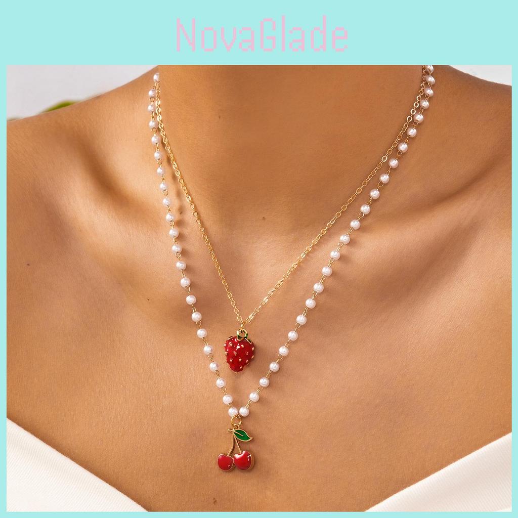 Kirschfrucht Anhänger Halskette Für Frauen Sommer Mehrschichtig Legierung Kette Mit Buchstaben Design