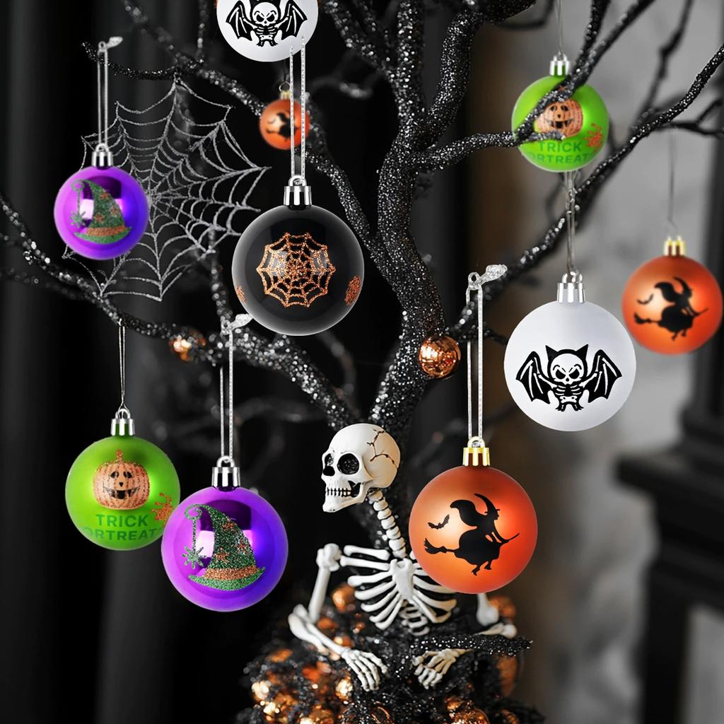 Dark Skeleton Pumpkin Ball Set 6cm - Halloween Painted Electroplated Ornaments for Party Tree Hanging Porch Decor