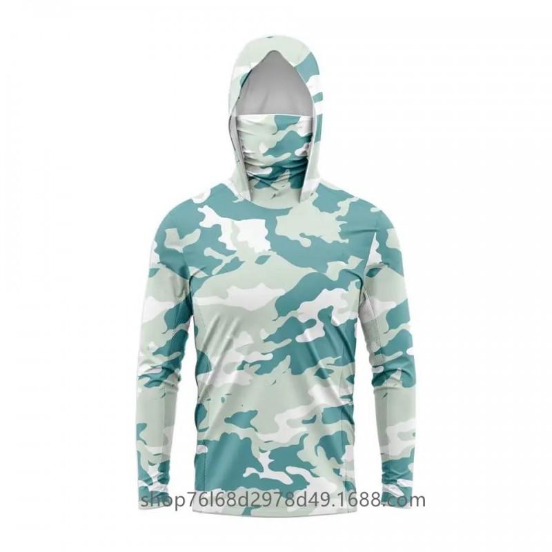 Mens Quick-Dry Ice Silk Long Sleeve Fishing Shirt With Hood Integrated Face Cover UV Protection Outdoor Sunproof Apparel