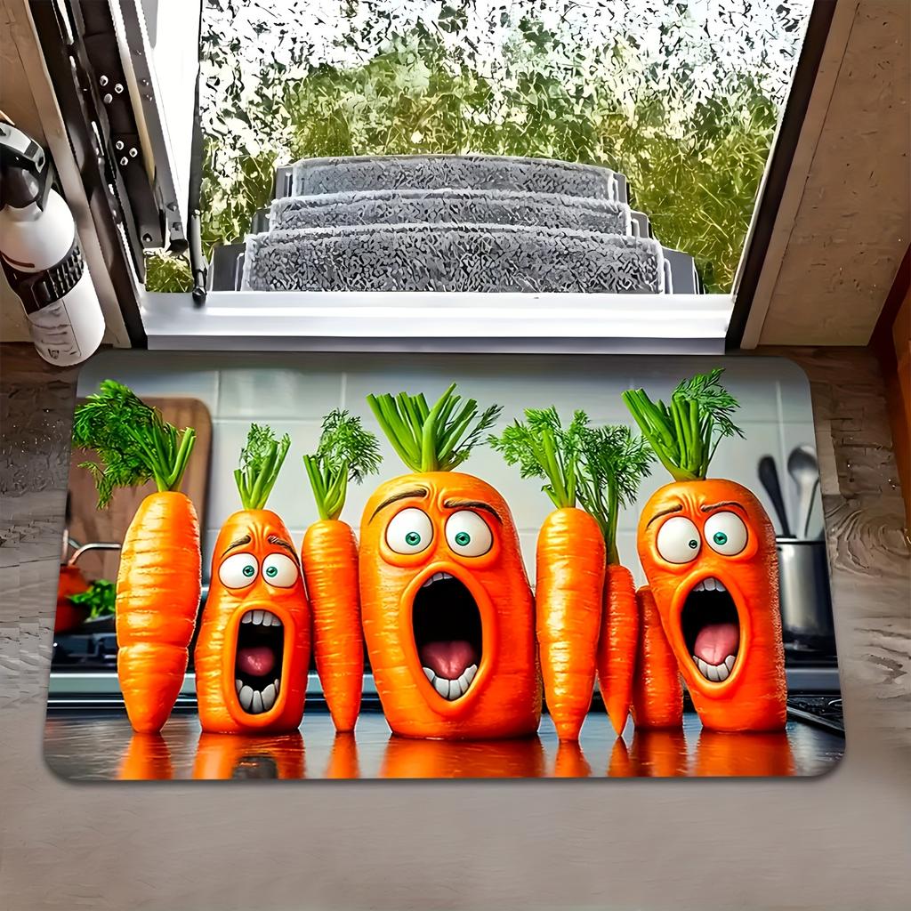 1pc 2D Flat Funny Screaming Carrots Kitchen Rug Non Slip Flannel Mat For Cooking Area Floor Decor