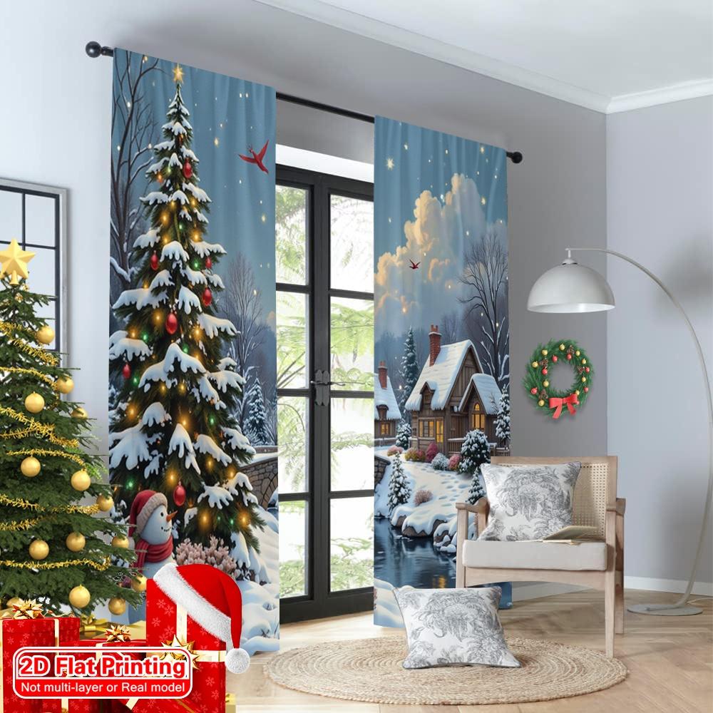 2pcs 2D Flat Printing Christmas Party Curtain Winter Village Snowing Night Snowy Polyester Without Electricity Party Decorations