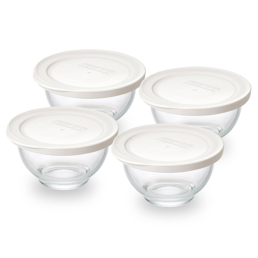 

Neat Iris Ohyama Glass Bowl Set in Stackable for Heatable up to Ready to Storage Heat-Resistant (4-Piece Set) White. Leak-Resistant Storage, 350°C,