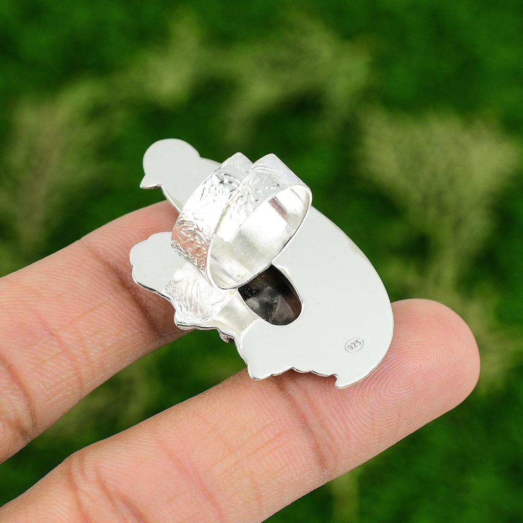 Gift For Her Natural Rhodonite Multi Stone Bird Adjustable Ring 925 Silver