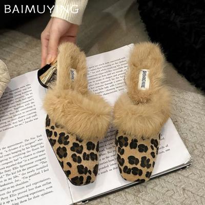 Fur Chunky Women Cotton Slippers Square Toe Short Plush Fad High Heels Mules Shoes 2025 Trend Winter Sexy Pumps Femme Chaussures