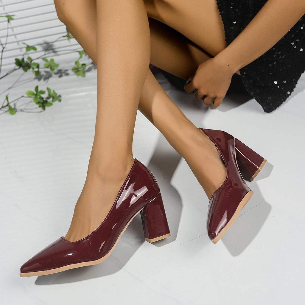 Large Size 34-43 Size Burgundy Glossy Solid Color Versatile Work Shoes Flight Shoes Thick Heel Single Shoes Women JQ