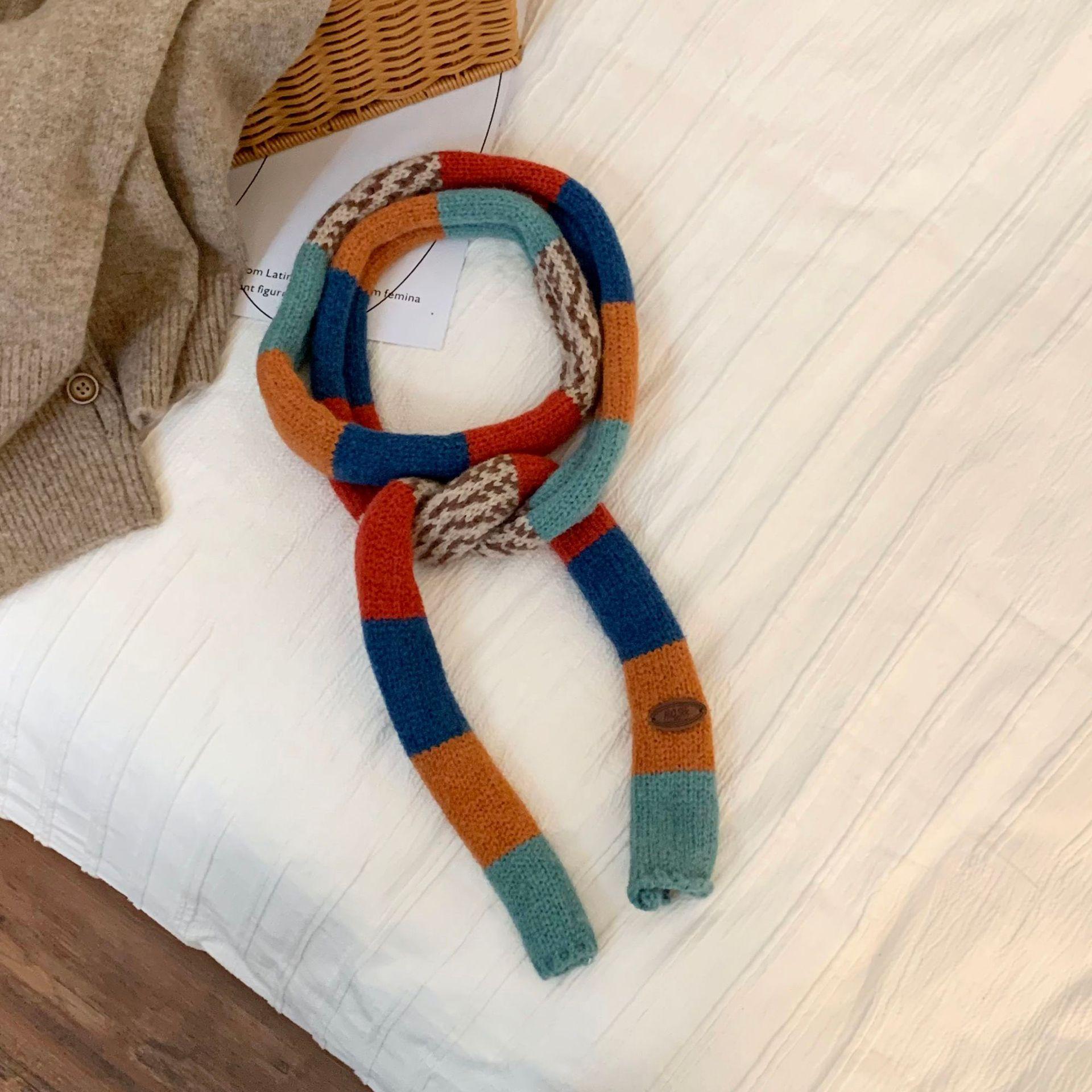 Autumn/Winter Korean Versatile Scarf Narrow Rainbow Contrasting Solor Retro Knitted Narrow Scarf Women Girls Outdoor Scarf Wrap
