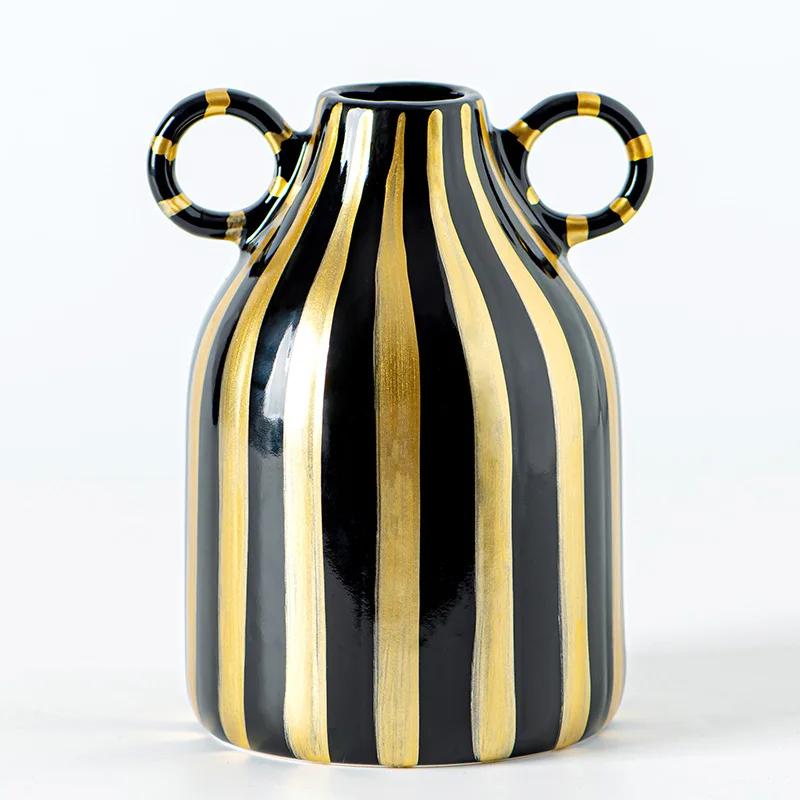Vase à Fleurs Créatif en Céramique Peint à la Main avec Deux Oreilles, Vase à Rayures Créatives, Décoration pour Arrangements Floraux, Ornements de Table, Cadeaux pour la Maison