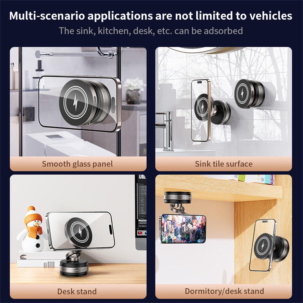 D1W Magnetic Car Phone Holder Wireless Charger 360° Foldable Vacuum Suction Phone Mount Stand - Black